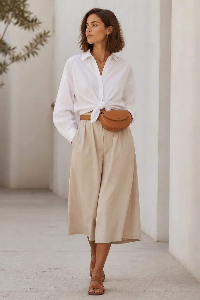 An oversized white button-up worn over a beige midi skirt, with the shirt knotted at the front. The model wears tan sandals and a belt bag.