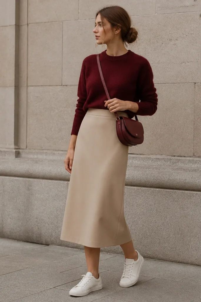 A burgundy crewneck sweater tucked into a beige midi skirt with white sneakers. The model carries a burgundy crossbody bag.