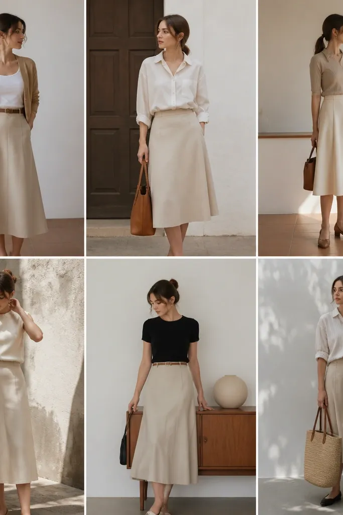 Beige midi skirt outfit ideas for beginners