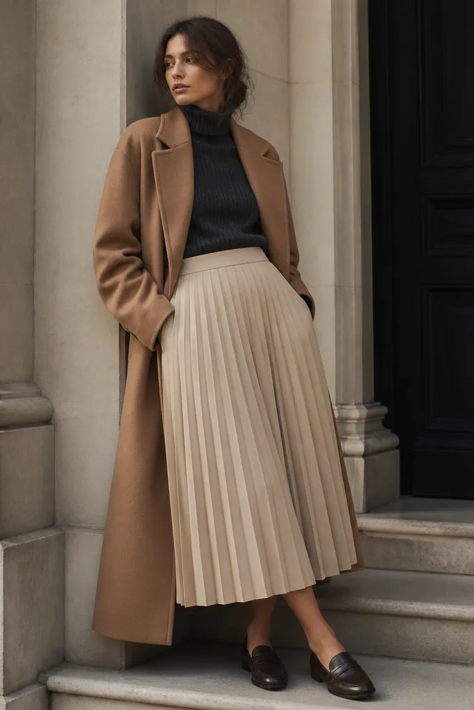 A beige pleated skirt (light sand) paired with a charcoal ribbed turtleneck. The outfit includes a long camel coat and dark leather loafers.
