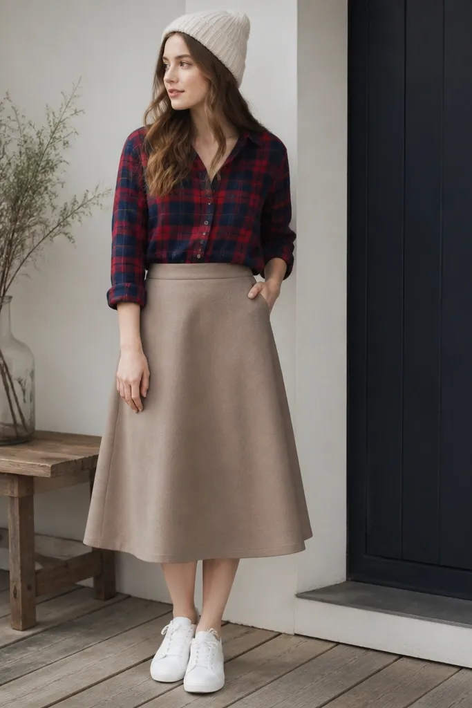 A taupe A-line skirt paired with a red-and-navy plaid flannel shirt. White sneakers sit under the hem, and a cream beanie is visible.