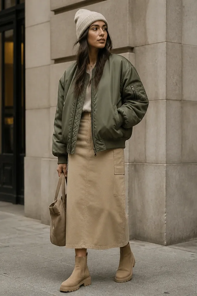 A sand-beige skirt with an olive bomber jacket, cream knit beanie, and tan ankle boots. The outfit has a relaxed, streetwear feel.