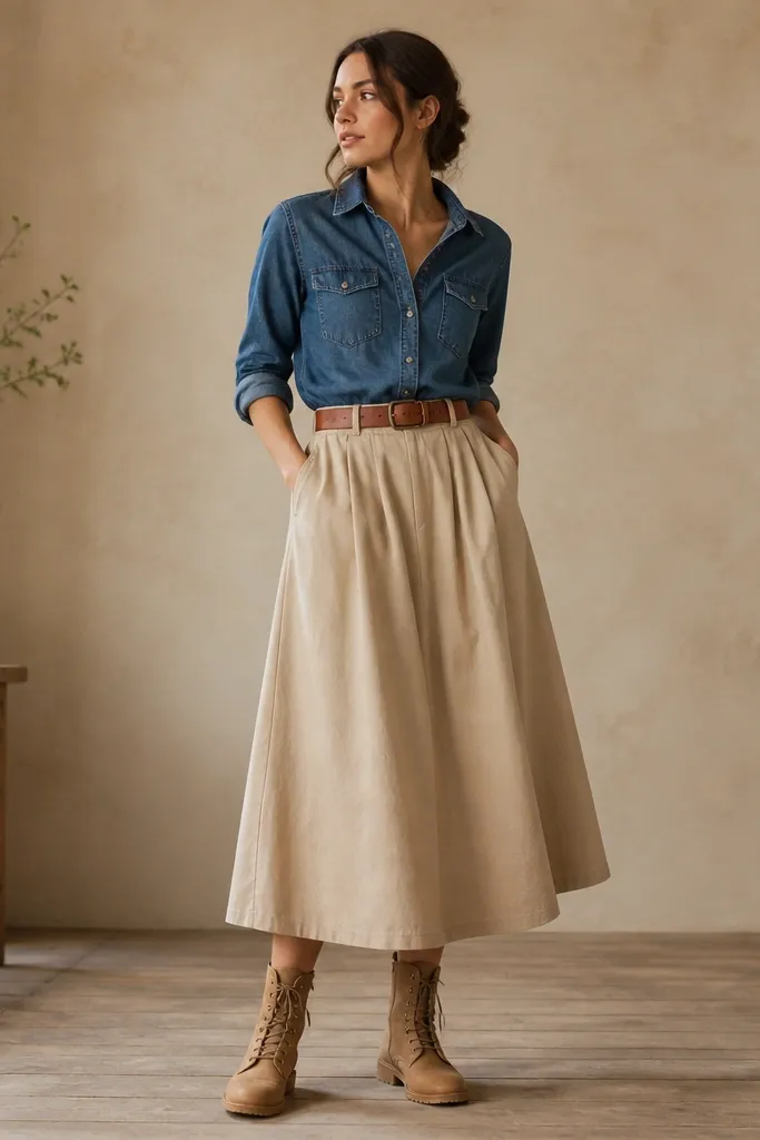 A beige skirt paired with a blue denim button-up. A warm brown belt is visible at the waist, and the shoes are tan lace-up boots.