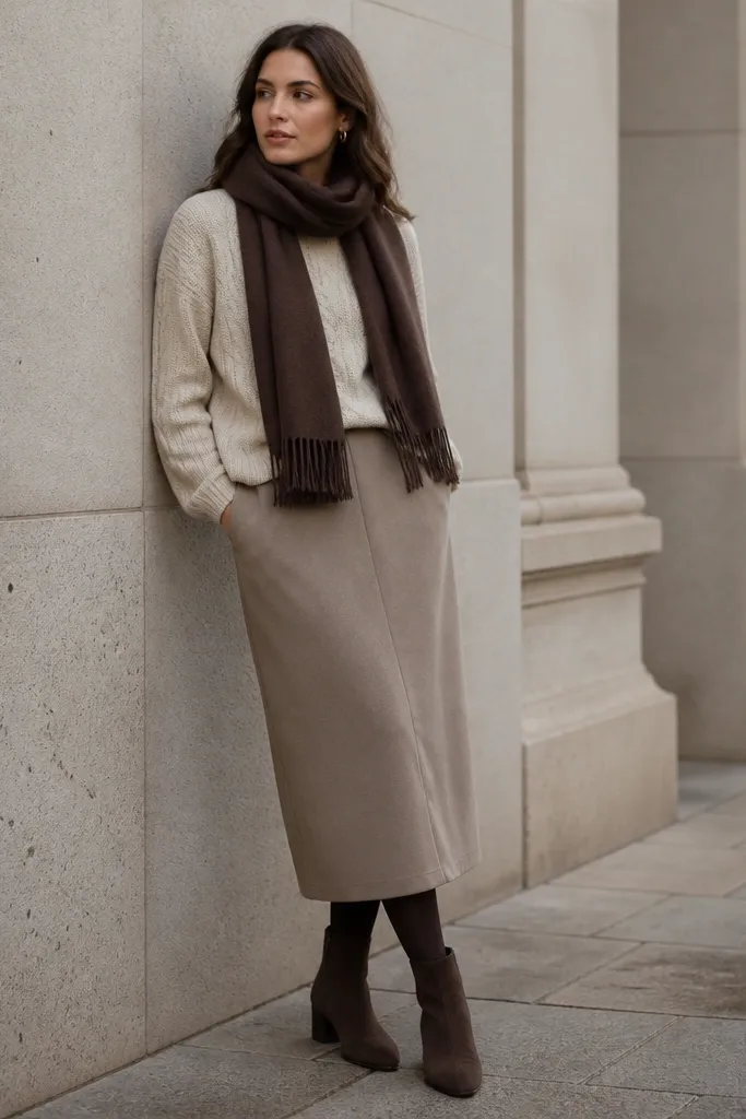 A taupe skirt with a cream cable knit sweater and a chocolate-brown scarf. The model wears dark tights and suede-style ankle boots.