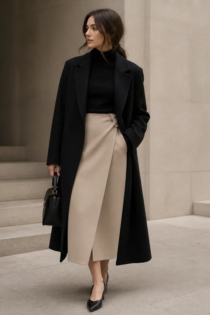 A beige wrap skirt with a black long coat reaching mid-calf. The shoes are pointed flats in black, and the outfit includes a structured handbag.