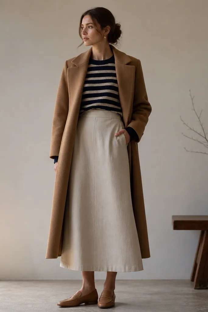 An oatmeal-beige skirt paired with a navy-and-cream striped knit long-sleeve. A camel overcoat and tan loafers appear in the scene.