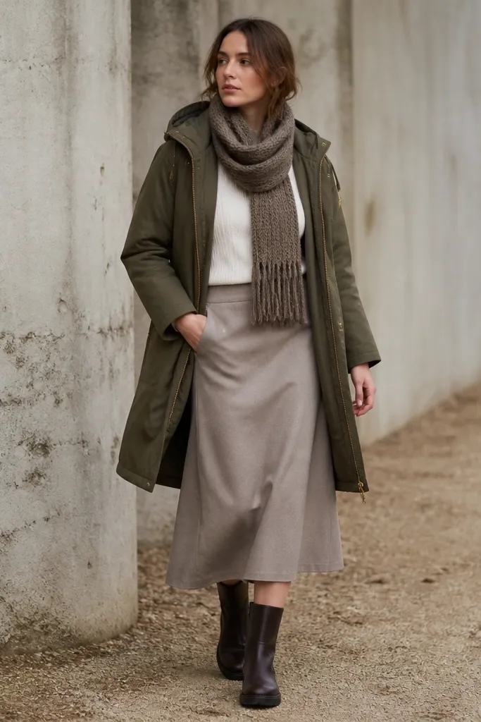A greige midi skirt worn with a white thermal long-sleeve and an olive parka. The model wears dark boots and a knit scarf.