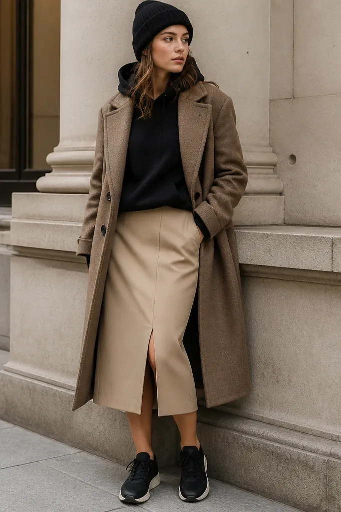 A beige skirt styled with a black hoodie under a wool-blend overcoat. The model wears black sneakers and a beanie.