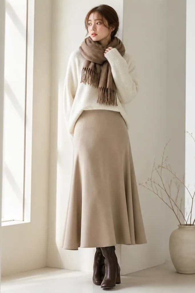 Budget-friendly beige skirt outfit for winter