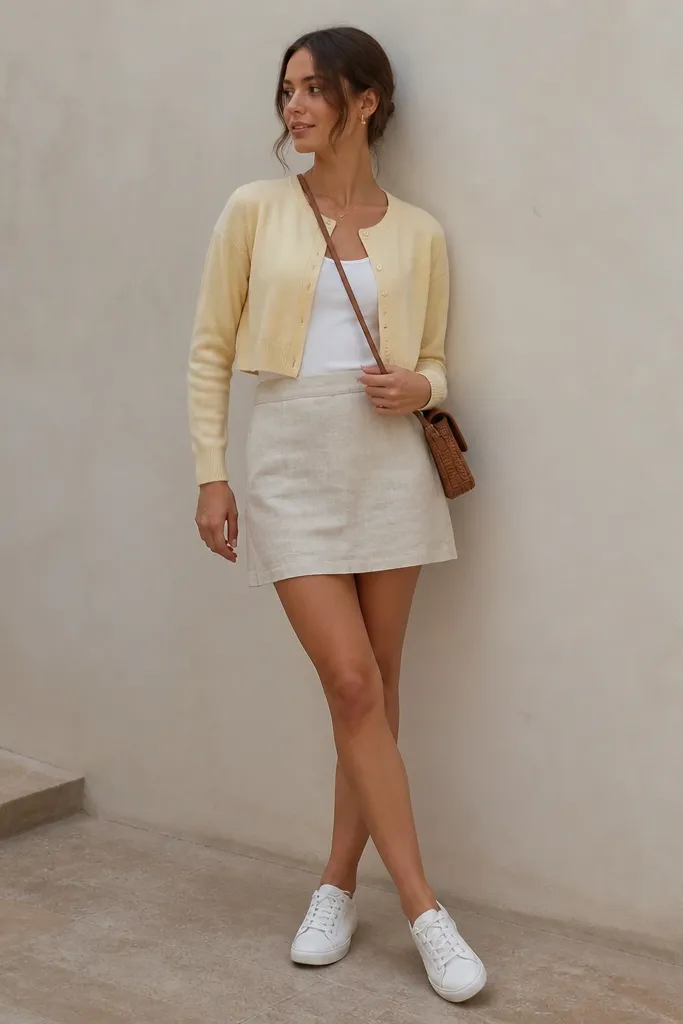 A model wearing a butter yellow cropped cardigan over a white tank, with a beige linen mini skirt that has a slightly wrinkled texture. She wears white low-top sneakers and a small crossbody bag.