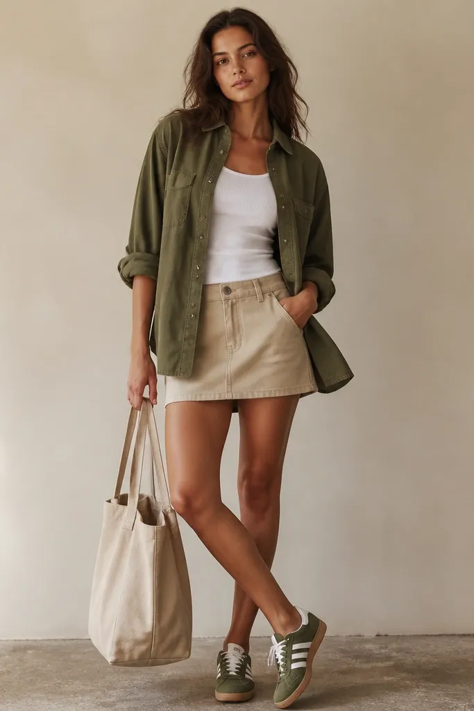 A model with an olive utility shirt worn open over a white tank, paired with a beige twill mini skirt and olive-green sneakers. A canvas tote bag sits at her side.