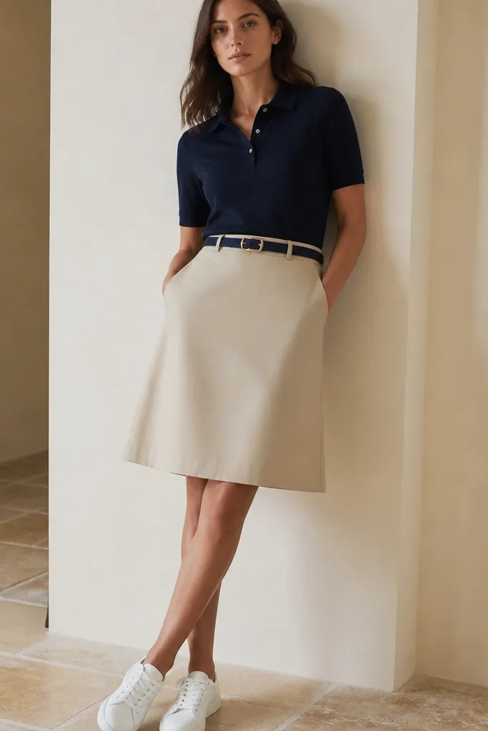 A stone-beige A-line skirt with a clean seam at the waist, paired with a navy knit polo shirt tucked in. The model wears white sneakers for a casual luxe vibe and a navy belt with a gold buckle.