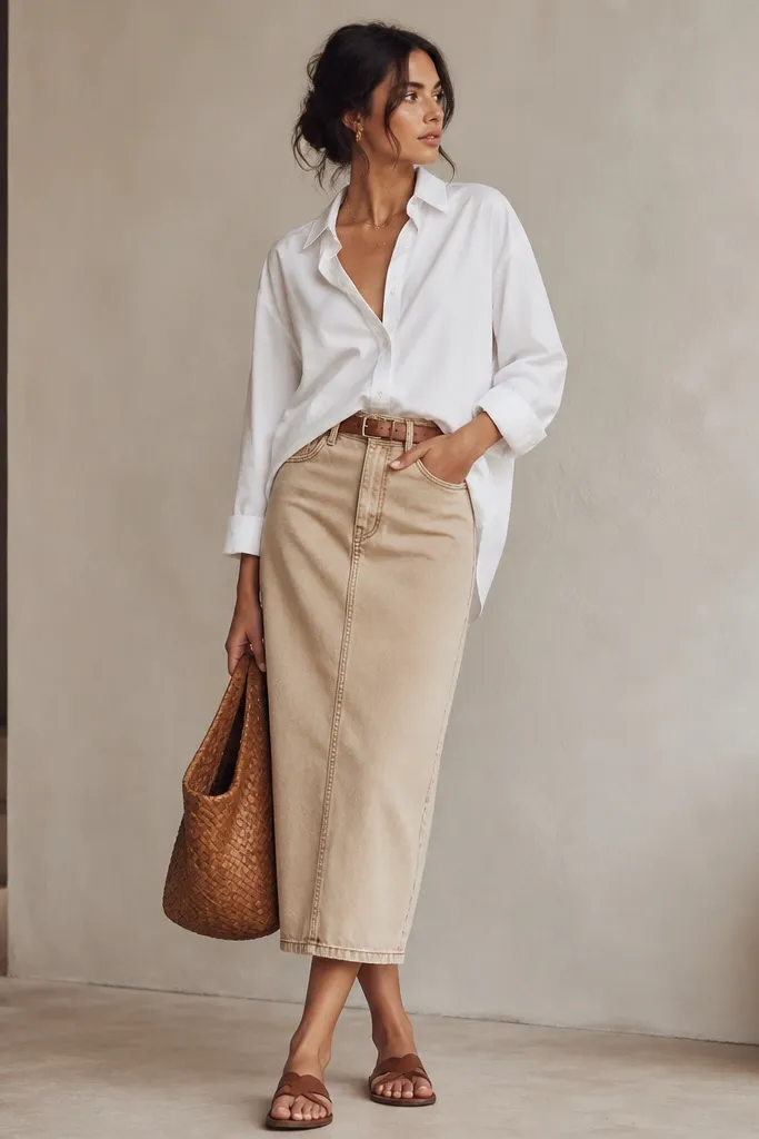 A beige denim midi skirt with visible seams and a medium wash tone. The model wears an oversized white button-down shirt half-tucked with a tan leather belt, plus brown leather sandals and a woven leather-look bag.