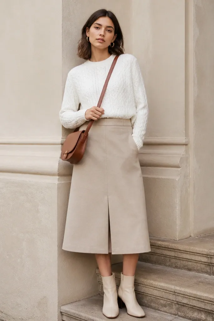 An oat-beige skirt in a slightly thicker fabric (like wool blend) paired with a white cable-knit sweater. The model wears gold hoop earrings, a tan leather crossbody, and cream ankle boots with a slight heel.
