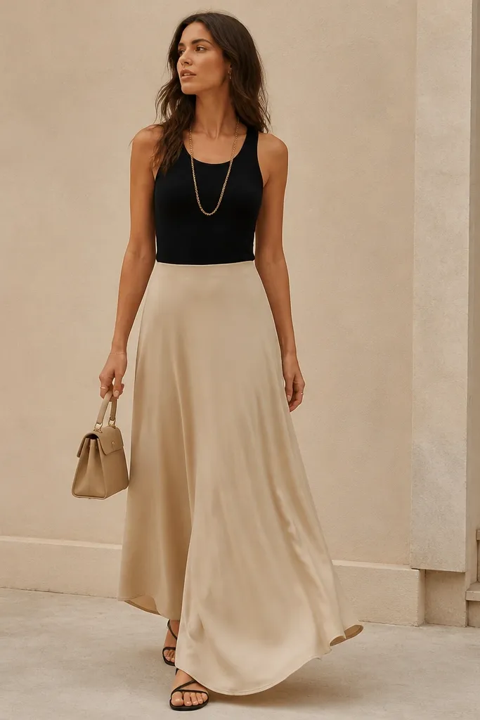 A beige maxi skirt with a flowing drape, worn with a fitted black tank top. The model has a long gold chain necklace, a black strappy sandal, and a small structured beige bag.