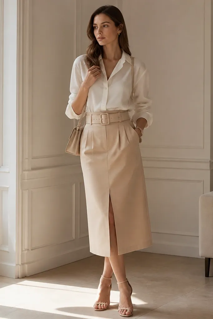 High-end beige skirt outfit ideas