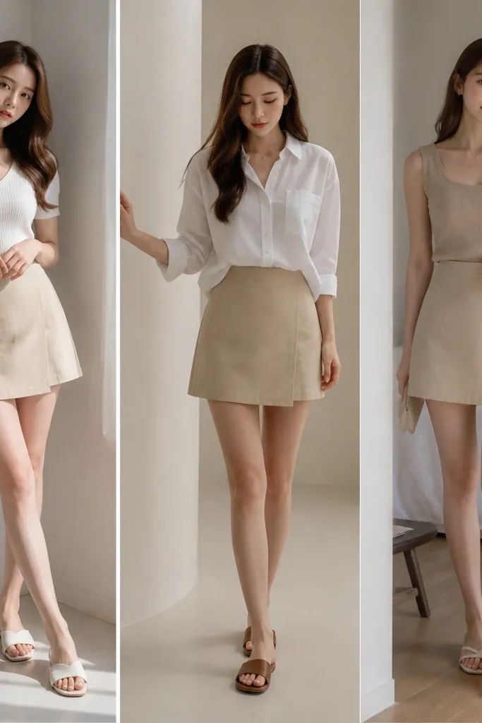 Short beige skirt outfit ideas for small spaces