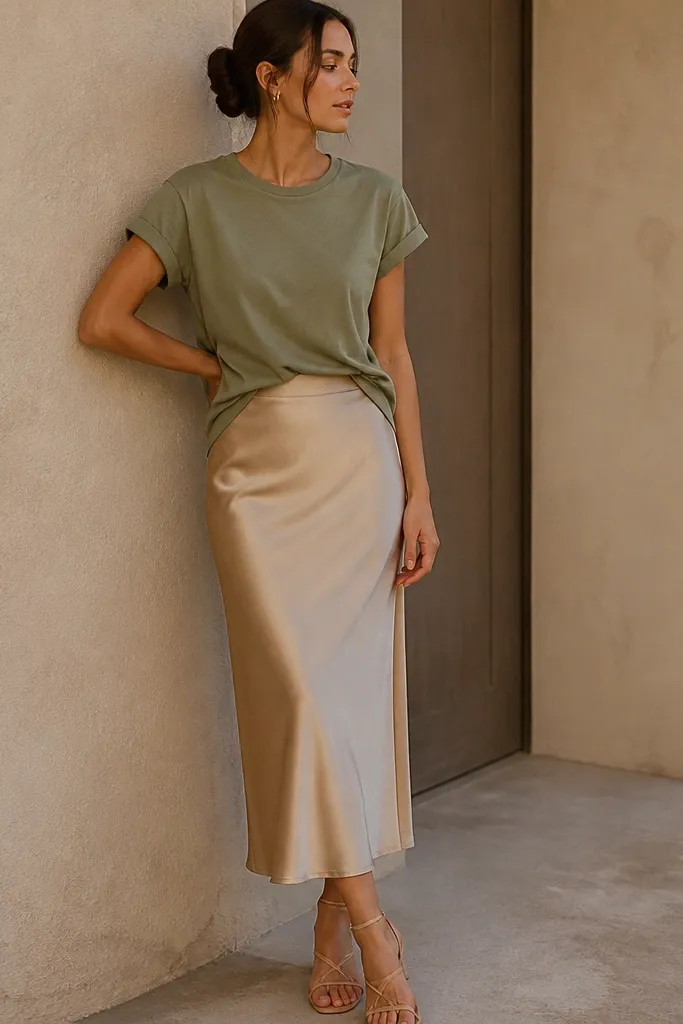 An oat-beige satin slip midi skirt with a smooth sheen and a straight cut. A soft olive cotton tee is tucked at the front. Nude strappy sandals and a small gold hoop earring are visible.