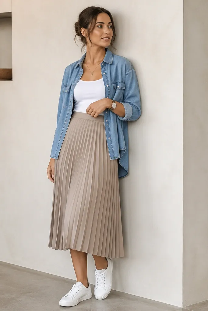 A taupe-beige pleated midi skirt with soft vertical folds. A light blue denim button-up is worn as an open layer. White low-top sneakers and a simple watch are shown.