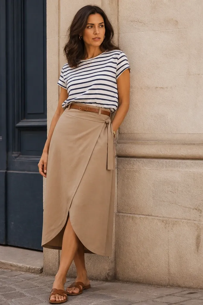 A camel-beige wrap skirt with a tie at the side. A white-and-navy striped tee is worn tucked at the front. A tan leather belt and tan sandals complete the look.