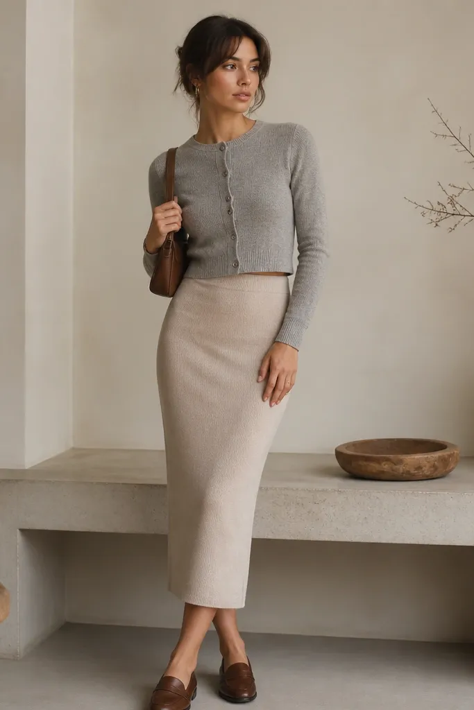 An oat-beige knit pencil skirt with a smooth, stretchy fit. A heather gray cropped cardigan is buttoned and sits above the waistband. Loafers in soft brown and a small shoulder bag are visible.