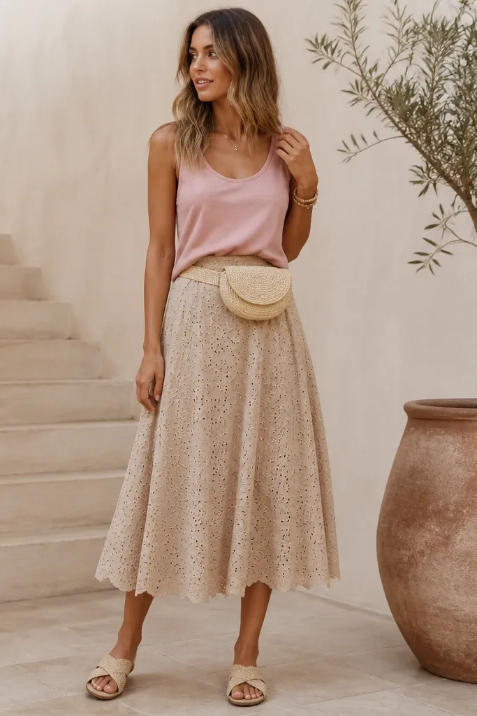 A sand-beige eyelet midi skirt with perforated floral-like texture. A soft pink fitted tank is tucked at the front. A raffia belt bag and woven sandals appear.