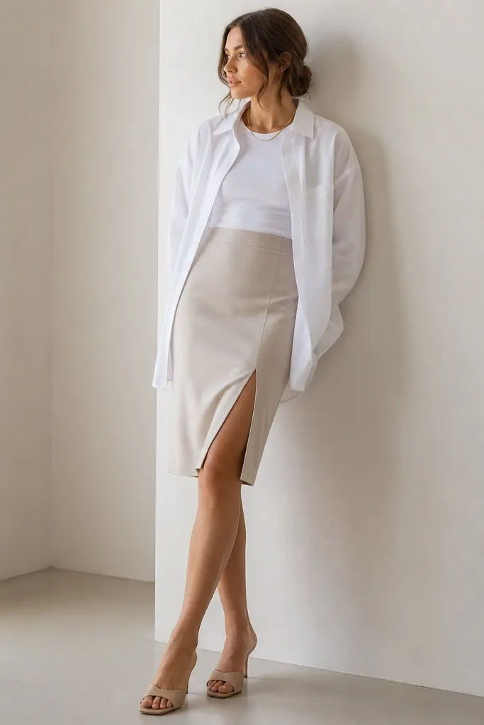 A light beige pencil skirt with a mid-thigh slit. An oversized white button-up is worn open over a fitted white tee. Nude mules and a thin gold necklace are visible.