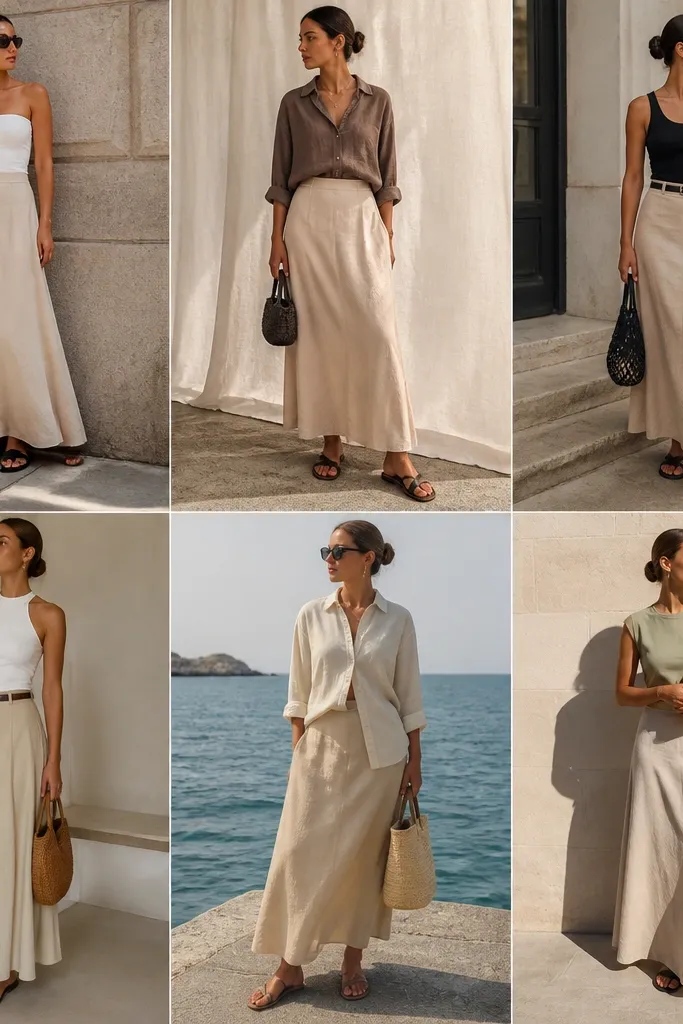 Beige skirt outfit summer ideas you can copy