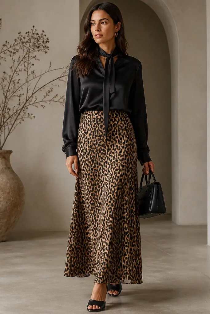A model shows a long leopard skirt with soft brown spots. She wears a black satin button-up blouse with a slight sheen and a tied neck detail. Accessories include gold hoop earrings and a black structured handbag. Black heeled mules finish the outfit.