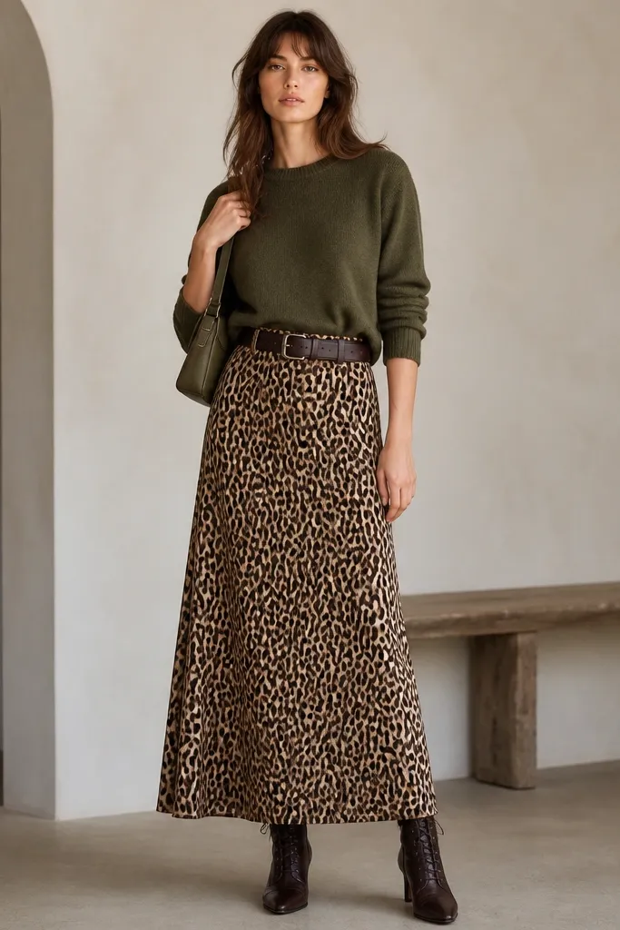 A model wears an olive crewneck knit tucked into a long leopard skirt. The skirt has warm tan and brown spots. A dark brown belt sits at the natural waist. She wears brown leather lace-up boots and a small olive shoulder bag.