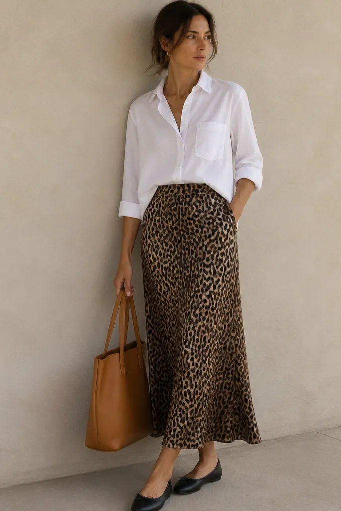 A model wears a long-sleeve white cotton button-down with sleeves rolled to mid-forearm. The shirt is tucked at the front into a leopard long skirt. She carries a tan leather tote and wears simple black flats.