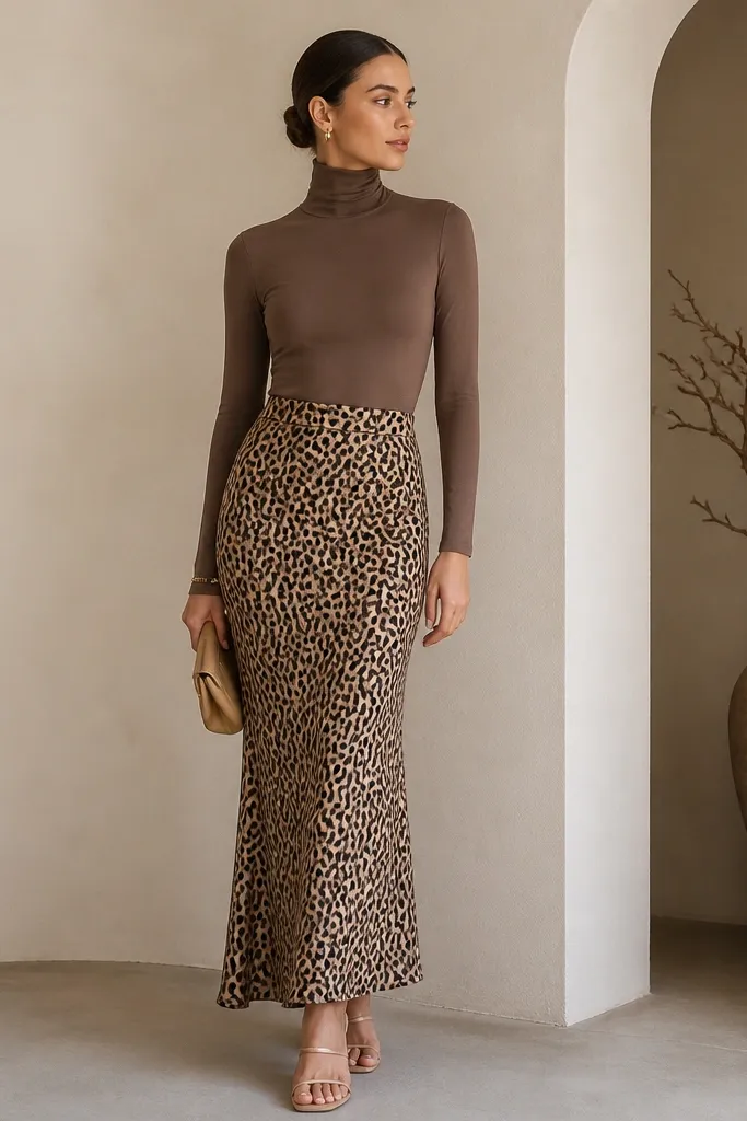 A model wears a fitted mocha-brown turtleneck bodysuit tucked into a long leopard skirt. The skirt falls straight with a slight flare at the hem. Shoes are nude strappy heels, and the bag is a small tan clutch.