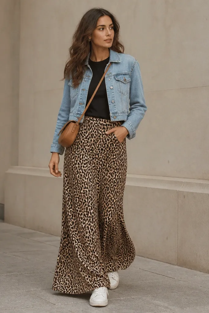 A model wears a light-wash denim jacket cropped to the waist over a plain black tee. The long leopard skirt is visible underneath, with the hem brushing the tops of white sneakers. She carries a crossbody bag in tan.