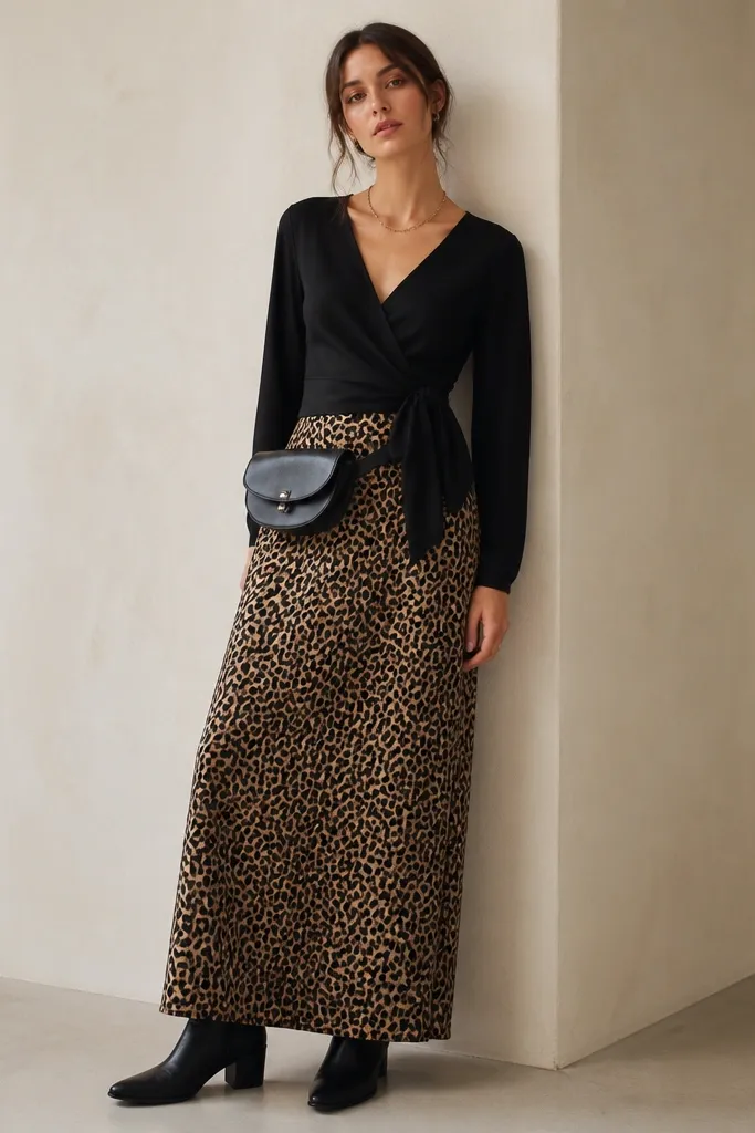 A model wears a black long-sleeve wrap top with a tie at the waist. Over it, the leopard long skirt hangs straight. A black belt bag sits across the hips. She wears black ankle boots and a simple gold necklace.
