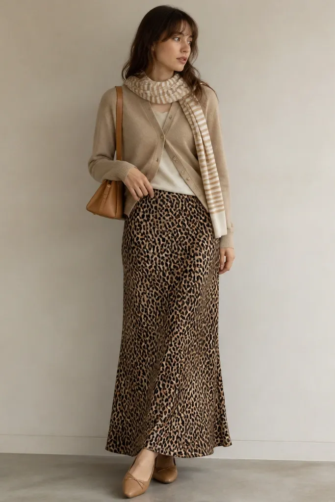 A model wears a light tan cardigan over a cream tee. The cardigan is buttoned loosely at the top. A leopard long skirt is the focus. She adds a thin striped scarf in cream and camel and carries a tan shoulder bag.