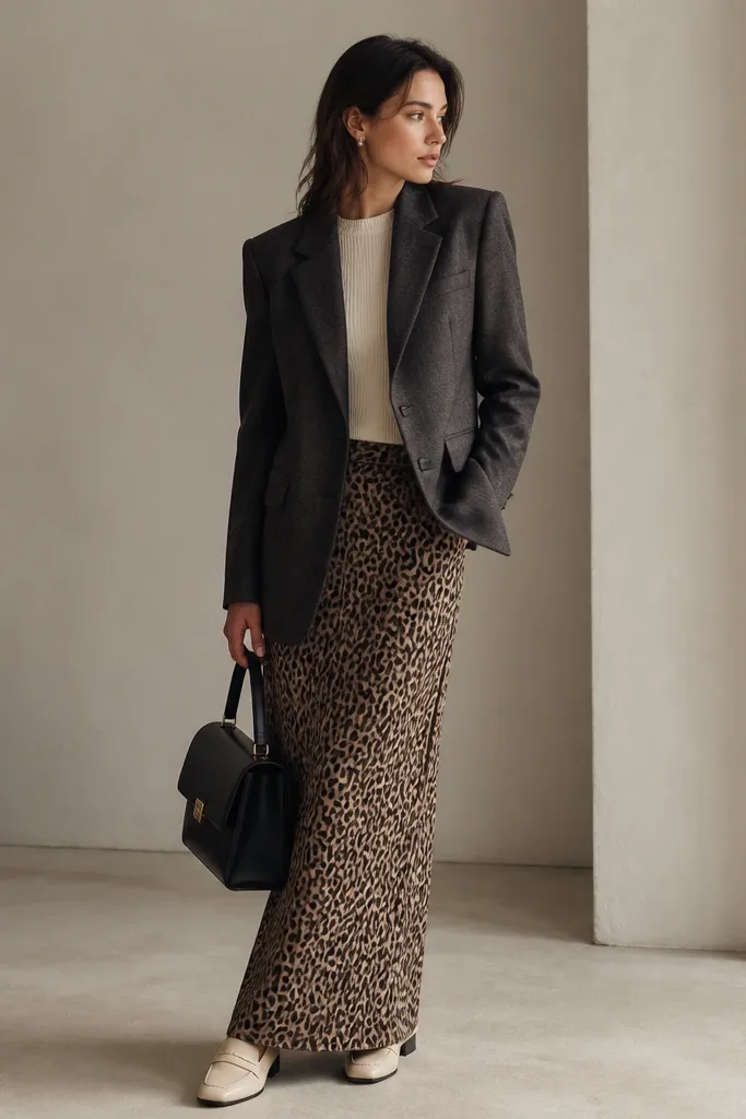 A model wears a charcoal blazer with structured shoulders over a cream knit top. The leopard long skirt falls straight and reaches the tops of cream loafers. She carries a structured black bag and wears small stud earrings.