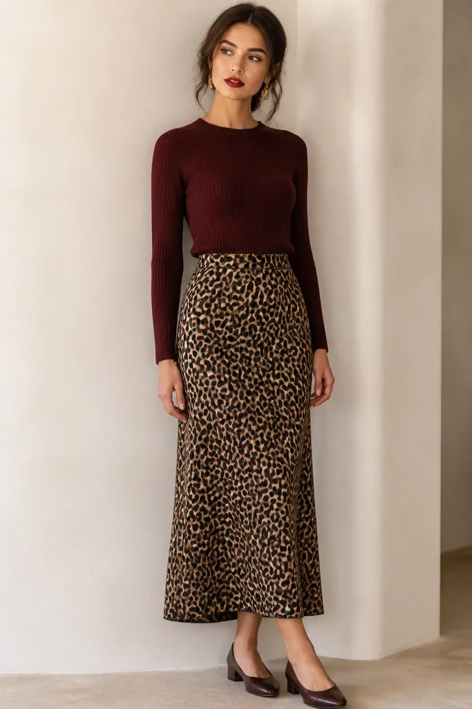 A model wears a fitted burgundy knit sweater tucked into a leopard long skirt. The skirt has warm spots and a smooth waistband. Makeup shows a deep red lip and simple eyeliner. Shoes are dark brown low block heels.