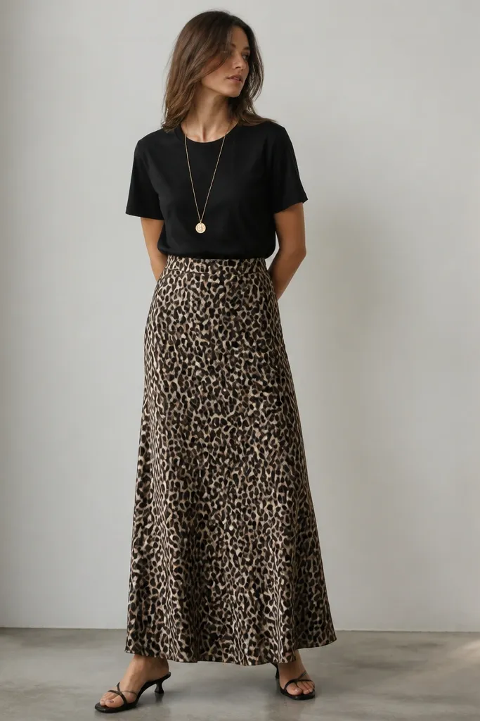 A model wears a simple black crewneck tee tucked into a long leopard skirt. The tee is smooth and matte. She wears a long pendant necklace that drops to mid-chest. Shoes are black sandals with a low heel.