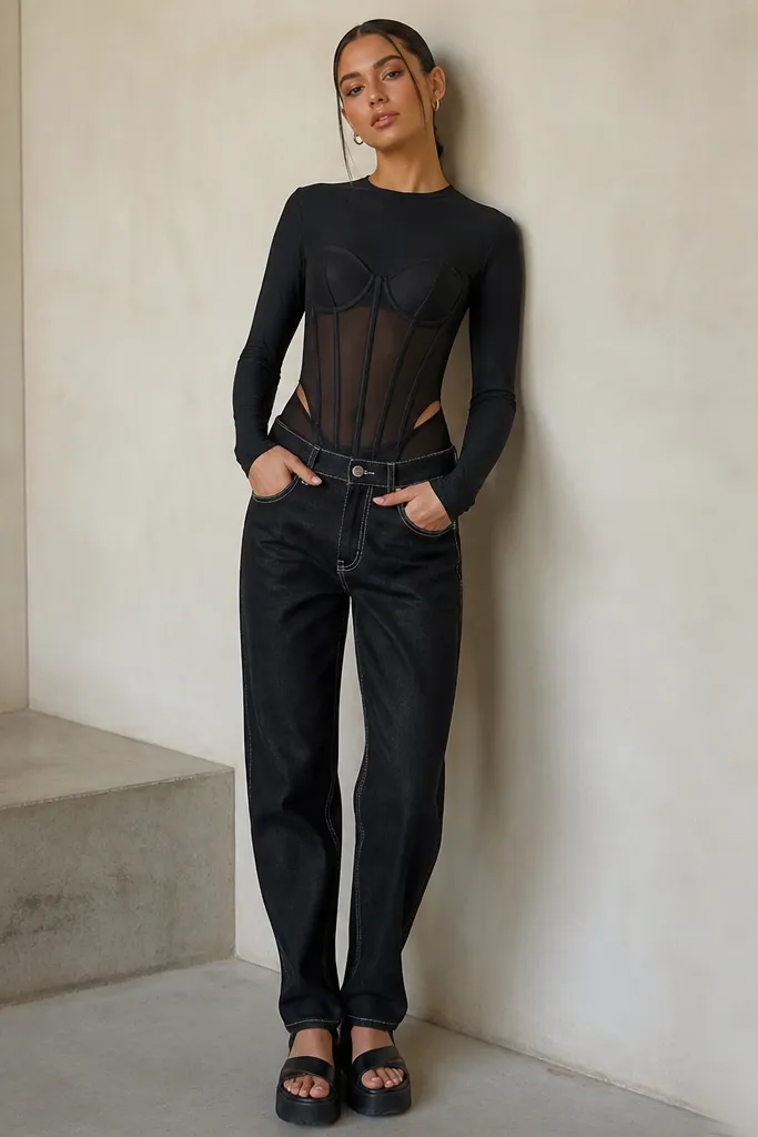 A black mesh corset layered over a fitted black long-sleeve bodysuit. The outfit includes relaxed black jeans with a slight taper and visible stitching. A sheer layer is visible at the waist where the mesh corset opens. Black platform sandals are shown as the styling choice.
