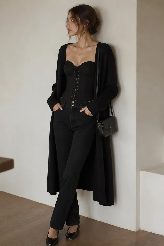 A black corset with prominent lacing at the front. Straight black jeans are paired underneath. A long black cardigan is worn open, showing the corset waist and the lacing details. The outfit is styled with black ballet flats and a small crossbody bag.