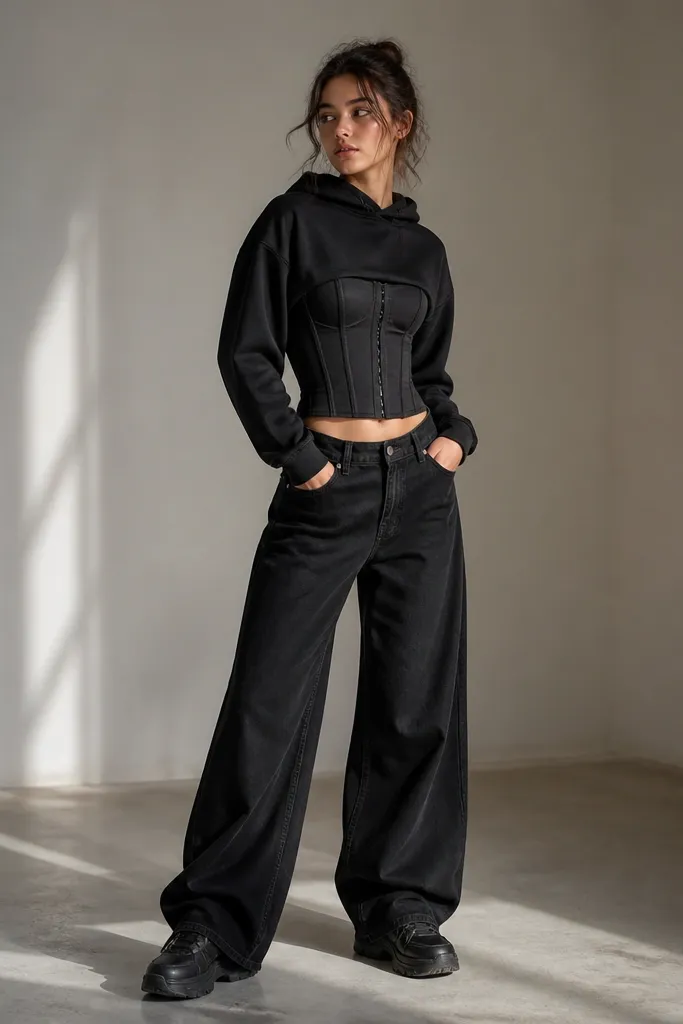 A black corset paired with wide-leg black jeans that drape over the shoes. A cropped black hoodie is worn under or alongside the corset, with the hoodie hem showing above the waistband. The look is styled with chunky black sneakers.
