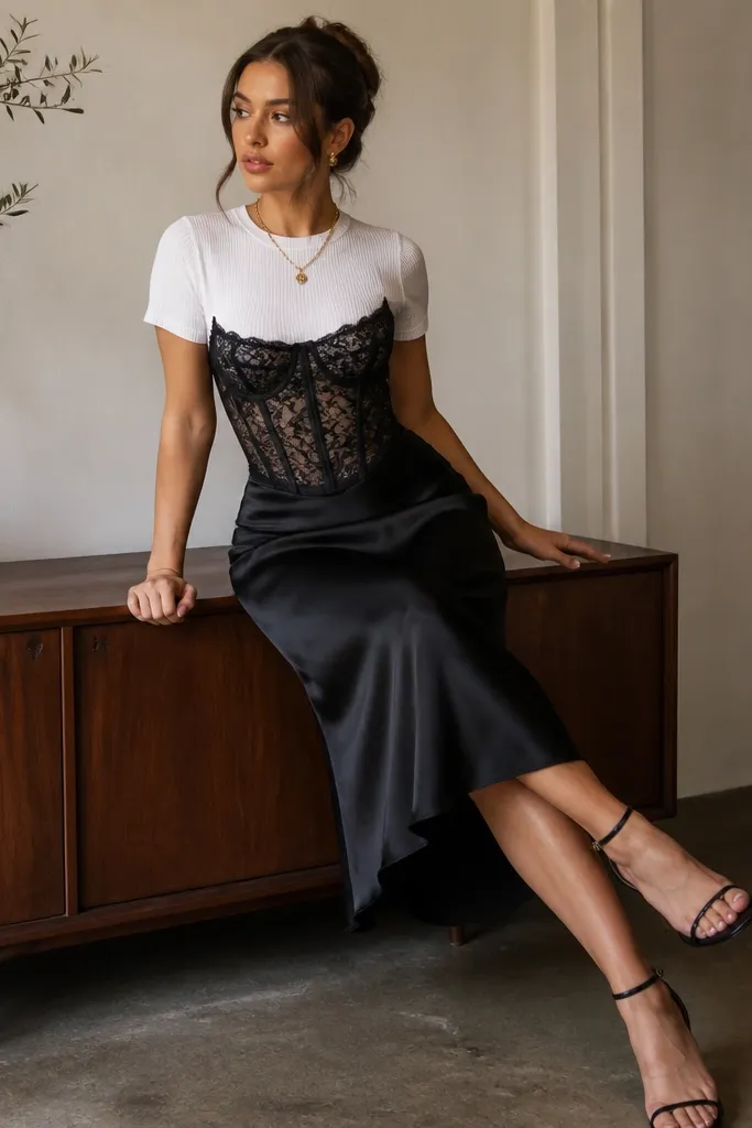 Black lace corset over a fitted white ribbed tee tucked into a black satin midi skirt; gold necklace; strappy black heels.