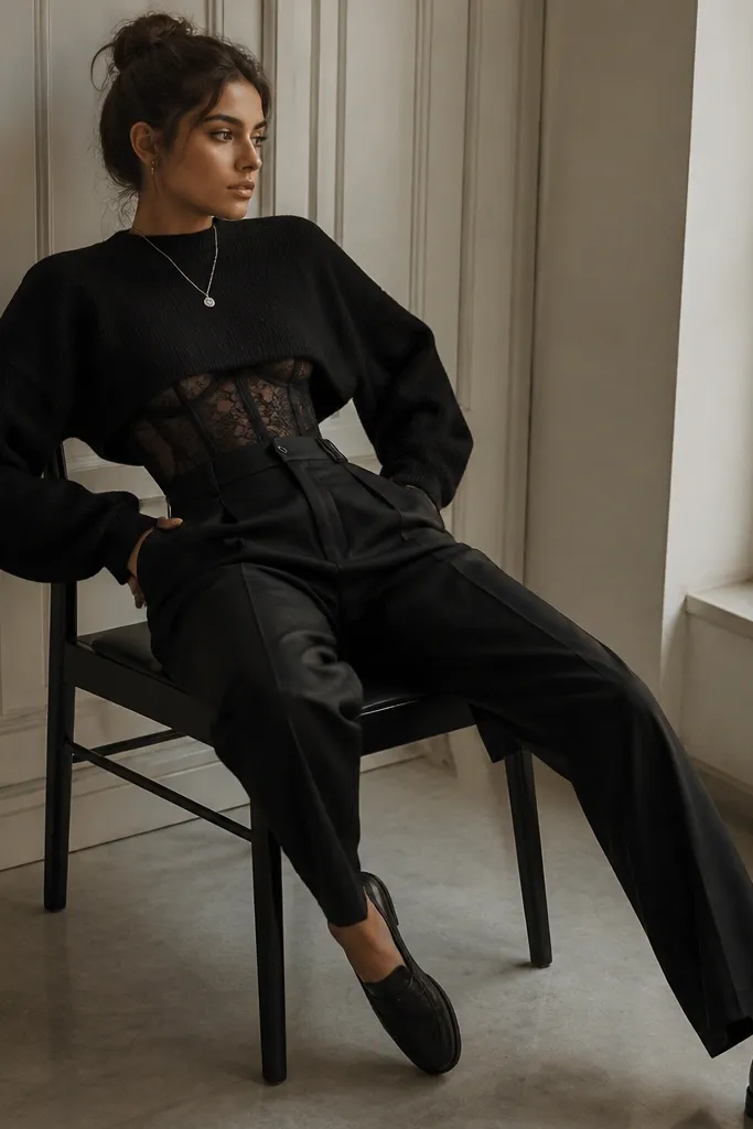 Black lace corset under a cropped knit sweater in black; high-waist tailored trousers in black; minimal silver pendant; loafers.