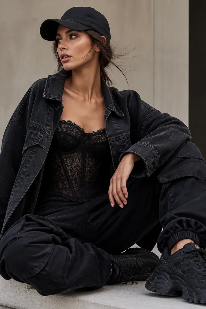 Black lace corset under a slightly oversized black denim jacket; black cargo pants; chunky black sneakers; matte black cap.