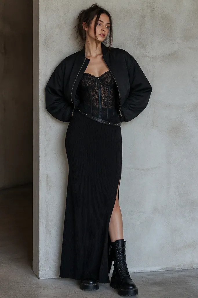 Black lace corset with a black knit maxi skirt; cropped bomber jacket; black combat boots; silver studs.