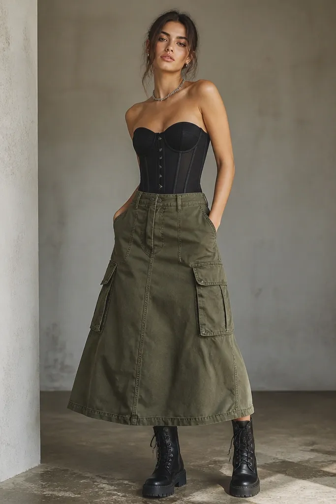 A black corset is worn with an olive green cargo midi skirt with front pockets and a slight A-line fit. The model wears black combat boots and a simple chain necklace. The corset sits high, and the skirt has visible stitching and utility details.