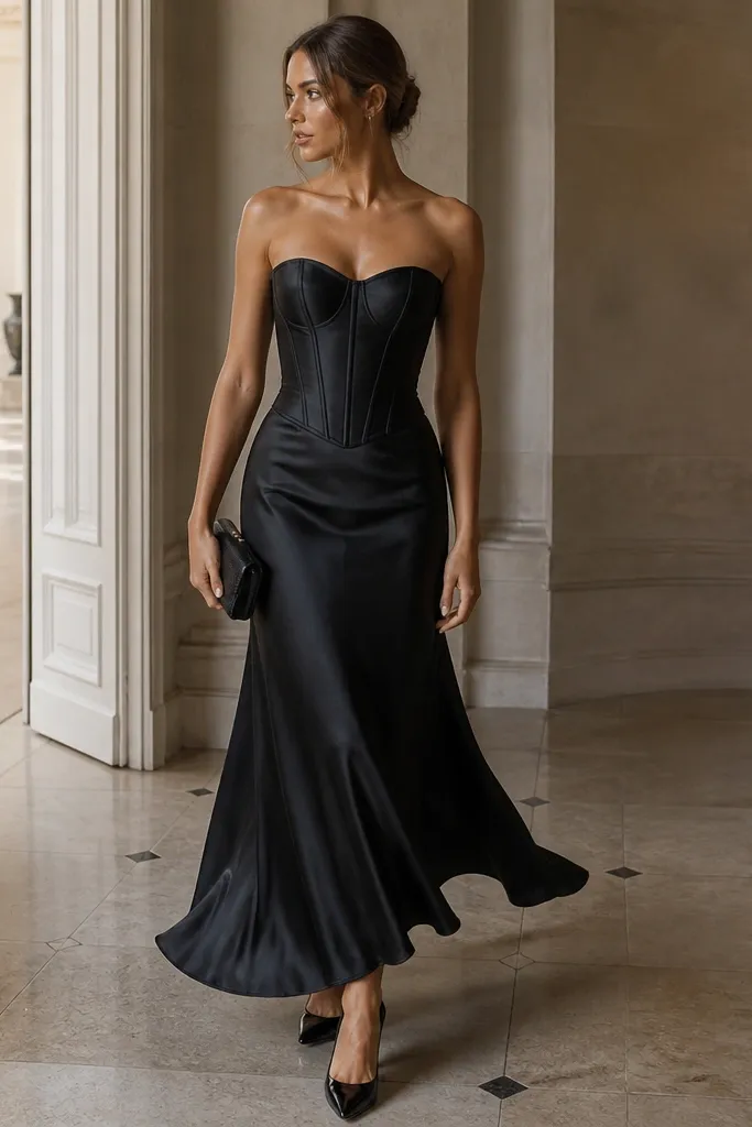 A black corset is paired with a black satin bias-cut skirt that drapes and forms soft diagonal folds. The model wears black satin pumps and a small black clutch. The photo shows a smooth waist and a flowing skirt movement.