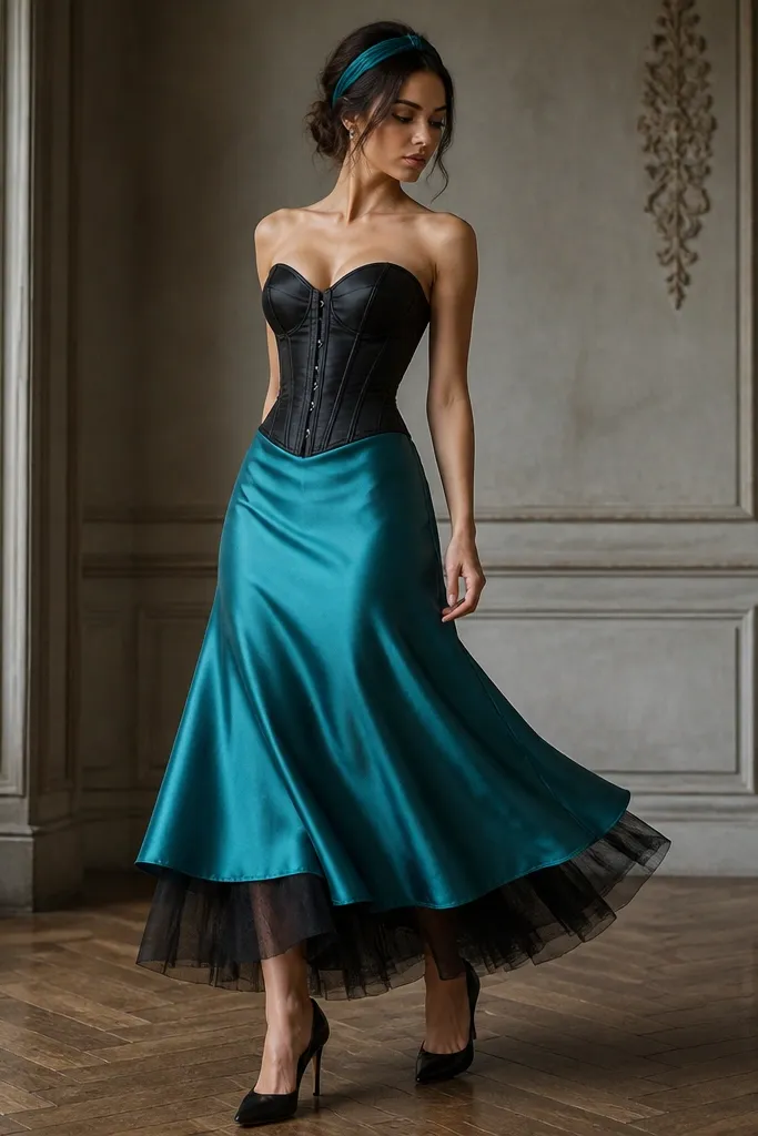 A black corset is worn with a teal satin midi skirt that has a subtle flounce. Under the teal, black tulle peeks at the hem. The model wears black heels and a teal headband. The hem shows layered movement and contrast.