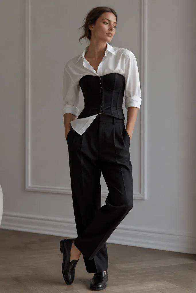 A black corset worn over a white button-down that is partially tucked into high-waist tailored black trousers. The collar is slightly open, sleeves rolled to mid-forearm, and the model wears black loafers.