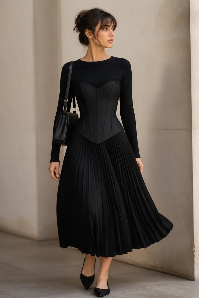 A matte black corset over a fitted black top, paired with a black pleated midi skirt that moves in soft folds. The model wears pointed-toe black flats and a structured shoulder bag.